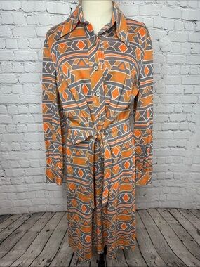 Vintage 70s Kay Windsor Geometric Knit Belted Midi Dress Size 18 USA